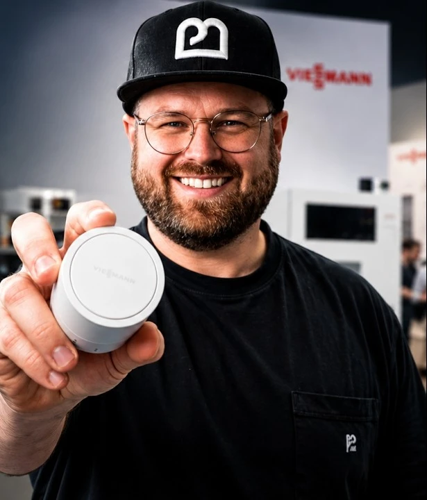 Felix Zimmermann, Inhaber der Paul Müller Energietechnik, lachend mit einem Viessmann-Gerät auf einer Fachmesse